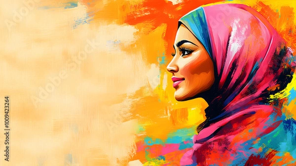 Fototapeta Elegant watercolor artwork of a Muslim woman in a pink hijab against a beige backdrop. Copy space.
