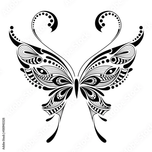 Fototapeta Patterned colored butterfly. African / indian / totem / tattoo design. It may be used for design of a t-shirt, bag, postcard and poster.