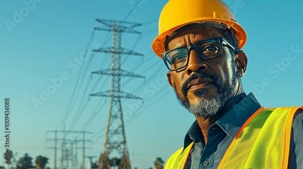 Fototapeta Construction worker with power lines in background.