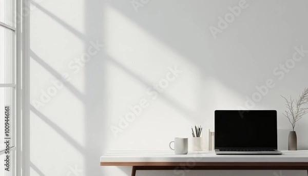 Fototapeta Minimalist Home Office with Natural Lighting and Laptop