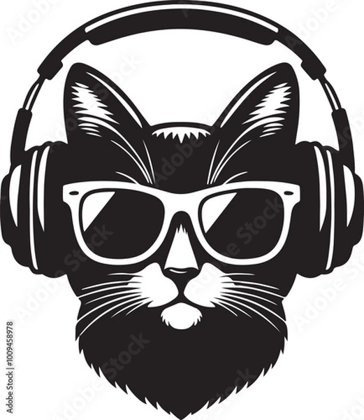 Fototapeta A Cute Cat Listening to Music with Headphones silhouette vector