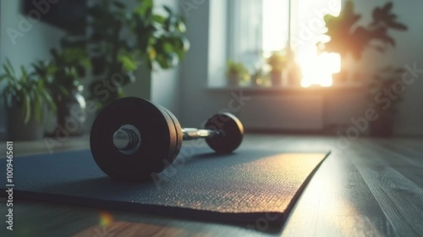 Obraz Home workout, close-up of yoga mat and dumbbells, bright home interior