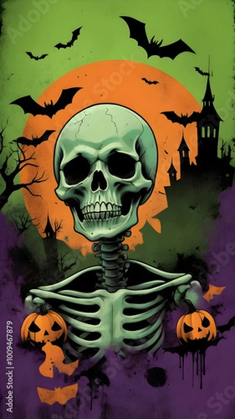 Fototapeta Rough, gritty vertical texture background with a Halloween theme, dark and moody colors like deep orange, black, dark purple, and eerie green. Cracks, scratches, and patches,  for graphic design.	