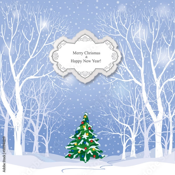 Fototapeta Christmas background. Snow winter landscape with trees in forest. Merry Christmas greeting card