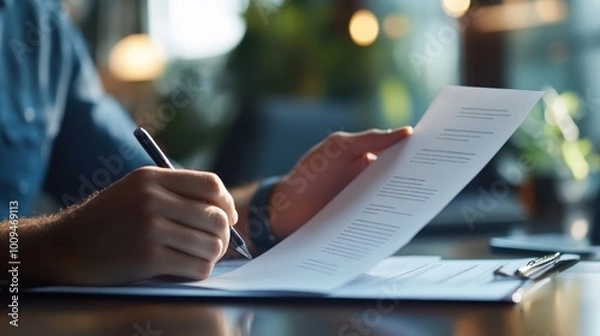 Fototapeta Professional development, close-up of hands holding a resume, job interview in progress