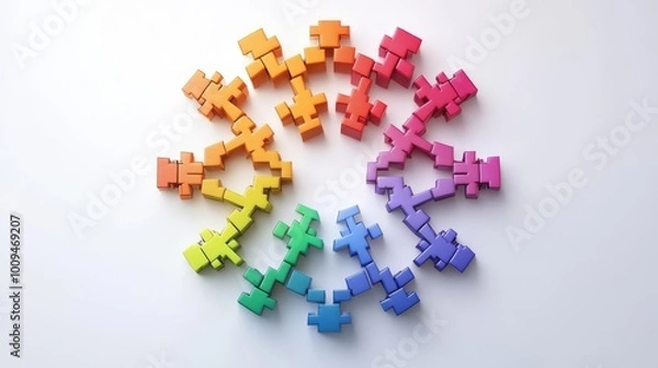 Obraz Colorful interconnected puzzle pieces form a circular shape on a white background, creating a vibrant and playful abstract design.