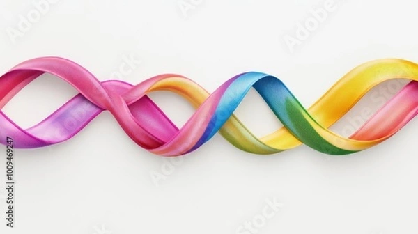 Fototapeta Colorful twisted ribbons creating a vibrant wave pattern on a white background, perfect for abstract and artistic designs.