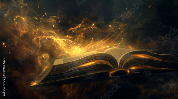 Fototapeta An ancient, magical book floating open in mid-air, glowing with golden light. Wisps of ethereal energy rise from the pages, swirling into the sky, forming galaxies and constellations. 