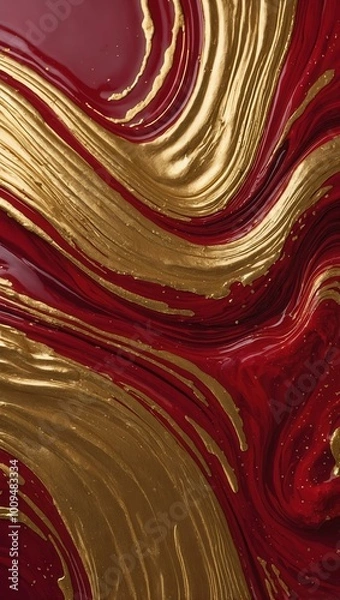 Fototapeta Dynamic red and gold acrylic paint swirls, abstract contemporary art
