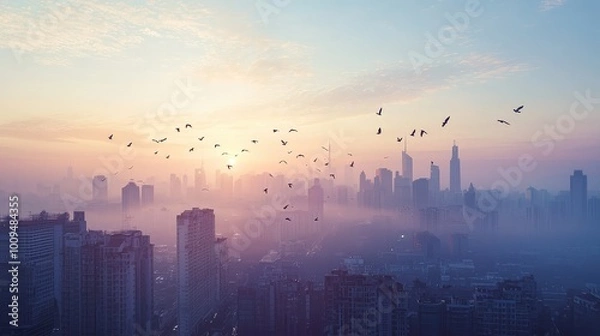 Fototapeta A breathtaking sunrise over a city skyline, with birds soaring amidst a colorful sky and misty buildings.
