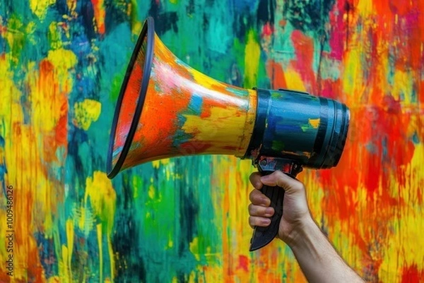 Obraz Hand Holding a Vibrant Megaphone Against Colorful Background