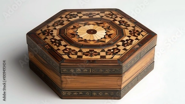 Fototapeta A hexagonal wooden box with inlaid patterns