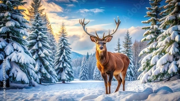 Fototapeta Beautiful winter scenery showcases majestic animals gracefully navigating through idyllic snowy environments, embraced by elegant pine trees, creating a serene and peaceful natural wonderland.
