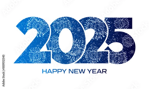Obraz Happy New Year 2025 text design. Firework and snowfall. Vector illustration.