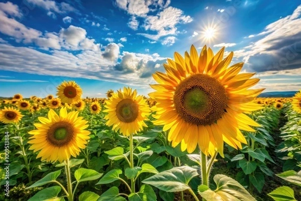 Fototapeta Bright sunflowers thrive in a lush green field, reaching toward a clear blue sky on a sunny day, creating a picturesque, cheerful landscape full of life.