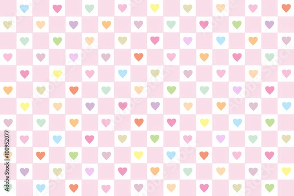 Fototapeta チェックとハートのシームレス背景　カラフルピンク