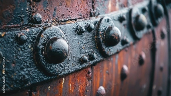 Fototapeta Close-up of a weathered, rusty metal strap on a wooden surface, showcasing intricate details and textures of aging materials.