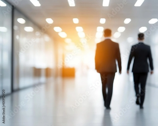 Fototapeta abstract composition of blurred human silhouettes in modern openplan office space conveying busy collaborative atmosphere