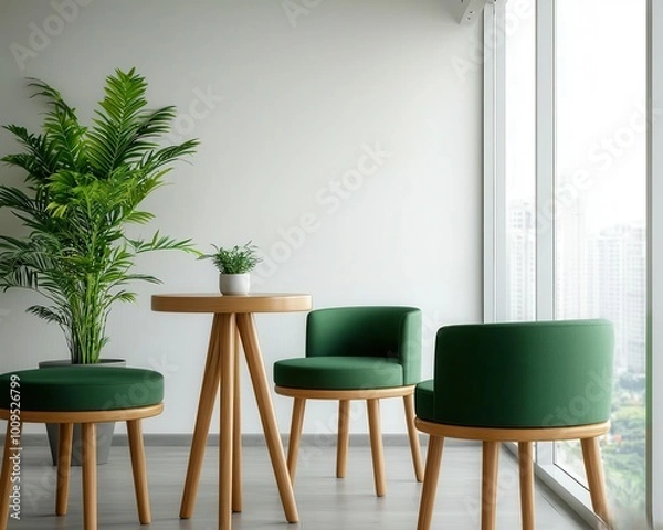 Fototapeta minimalist coworking space with biophilic design elements floortoceiling windows overlooking cityscape