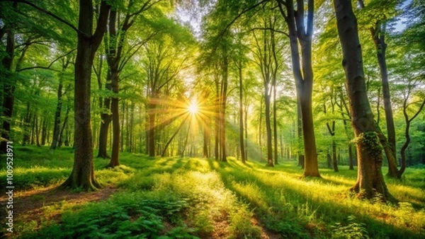 Fototapeta Tranquil Wooded Clearing Surrounded by Lush Trees, Sunlight Filtering Through the Greenery