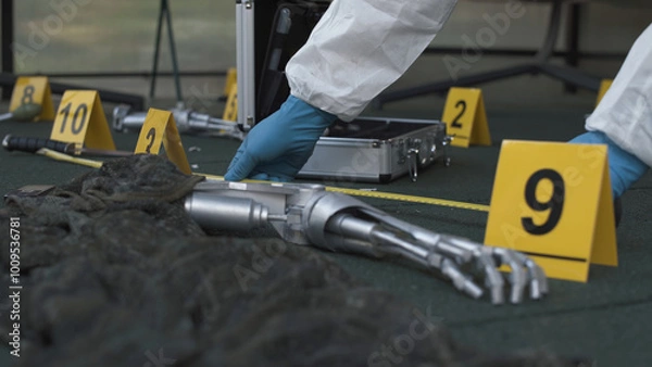 Fototapeta Forensic expert working at fantastic crime scene with evidence like robot hands. Lots of evidence tags, aluminum tool case. Daytime.