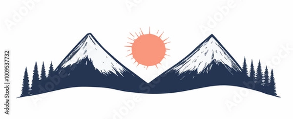 Fototapeta Simple vector logo of snow-capped mountains and sun, ideal for outdoor brands, adventure, or nature-related logos.