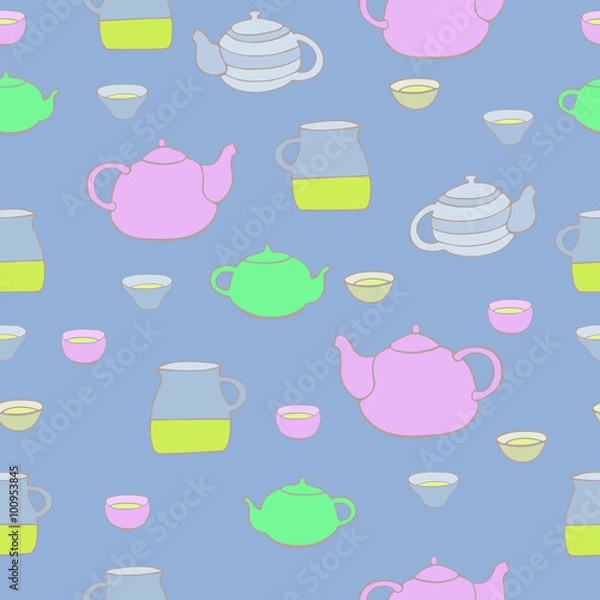 Fototapeta Cute tea set. Vector seamless pattern.