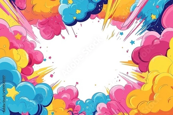 Obraz Colorful cartoon clouds and stars burst out dynamically from corners to create energetic comic book style design. Perfect for comic book covers, kids invitations or party poster designs
