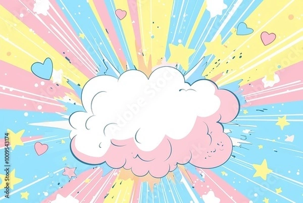 Fototapeta Pastel cloud with hearts and stars bursting in colorful dynamic pop art style. Perfect for childrens decor, graphic design or poster design