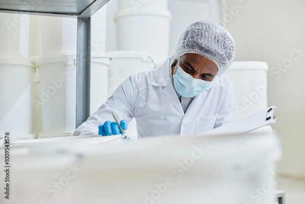 Fototapeta Professional male technician of African American ethnicity controlling quality of manufacturing production stored in large plastic containers in factory warehouse