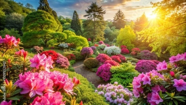 Fototapeta Vibrant Blooming Azaleia Flowers in Garden Landscape with Lush Green Foliage and Sunny Atmosphere