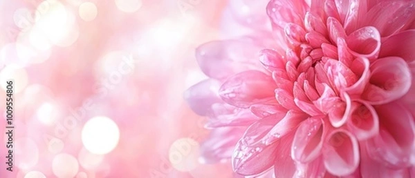 Fototapeta  A pink flower in sharp focus against a backdrop of pink and white Background softly blurred by bokeh effect, framed by a gentle haze of diffused light