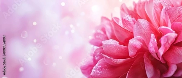 Fototapeta  A tight shot of a pink flower, dewdrops adorning its petals, backdrop softly blurred