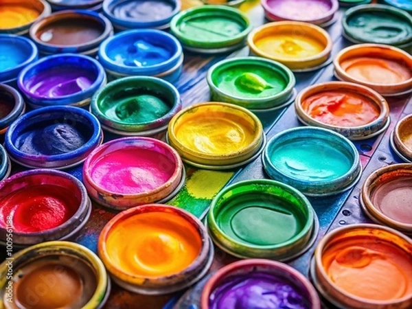 Fototapeta Vibrant Colorful Gouache Paints Spread Across a Palette Ready for Artistic Creativity and Expression