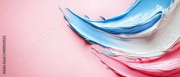 Fototapeta  A pink backdrop hosts an abstract painting in blues and whites, merging with the United States flag's hues