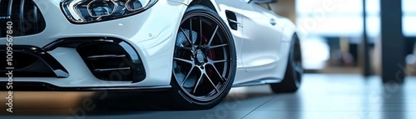 Fototapeta Close-up view of a sleek white luxury car showcasing its stylish rim and modern design in a well-lit interior.