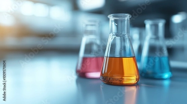 Fototapeta Laboratory beakers contain blue and orange solutions, set on a clean surface, symbolizing scientific discovery and the exciting world of chemical research.