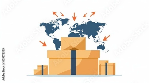 Fototapeta A colorful depiction of global shipping with boxes and arrows pointing to different continents, symbolizing logistics and delivery.