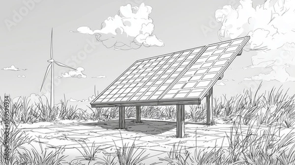 Fototapeta Sketch of Solar panels and a wind turbine standing on a grassy field, symbolizing the harmony of renewable energy technologies and environmental sustainability for the future, Generative AI