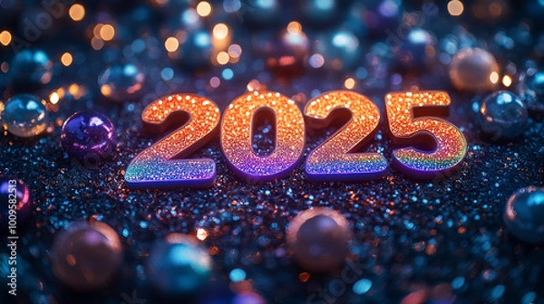Fototapeta "2025" illuminated with glowing rainbow colors on a dark background, surrounded by shimmering glitter a