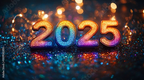 Fototapeta "2025" illuminated with glowing rainbow colors on a dark background, surrounded by shimmering glitter 