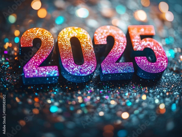 Fototapeta "2025" in vibrant, glowing colors stands out against a dark background with glitter and bokeh lighting 