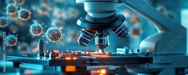 Fototapeta Close-up of a microscope analyzing cells, highlighting scientific research and exploration in a laboratory environment.