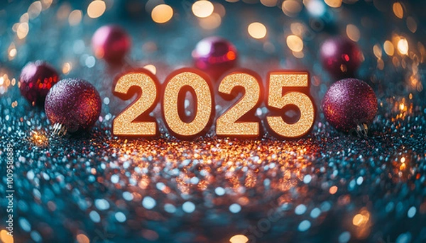 Fototapeta "2025" lights up in bright, glowing colors, surrounded by glitter and festive bokeh effects on a dark backdrop. 