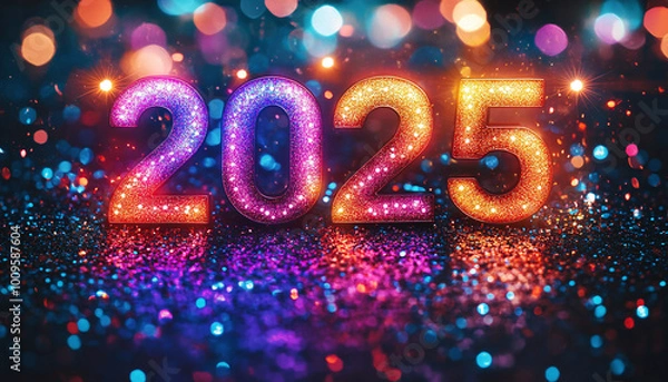Fototapeta "2025" lights up in bright, glowing colors, surrounded by glitter and festive bokeh effects on a dark backdrop.