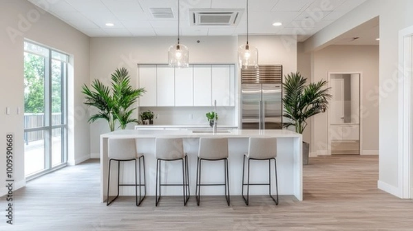 Obraz Modern kitchen with sleek design, featuring a spacious island, stylish bar stools, and large windows bringing in natural light.