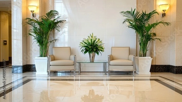 Fototapeta A modern lobby featuring two light-colored armchairs, a glass table, and decorative plants on a polished floor.