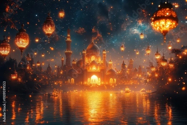 Fototapeta celestial ramadan scene with a luminous mosque silhouette floating among stars surrounded by ornate golden lanterns and swirling calligraphy