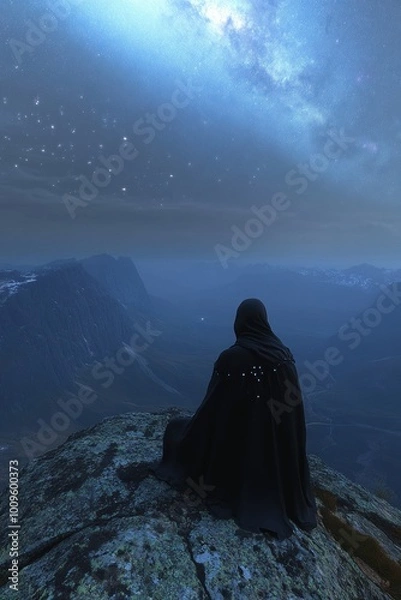 Fototapeta A figure in a cloak gazes at a starry sky over a mountainous landscape.