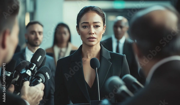 Fototapeta A confident woman speaks at a press conference, standing in front of multiple microphones, surrounded by media reporters and photographers during a public event.
